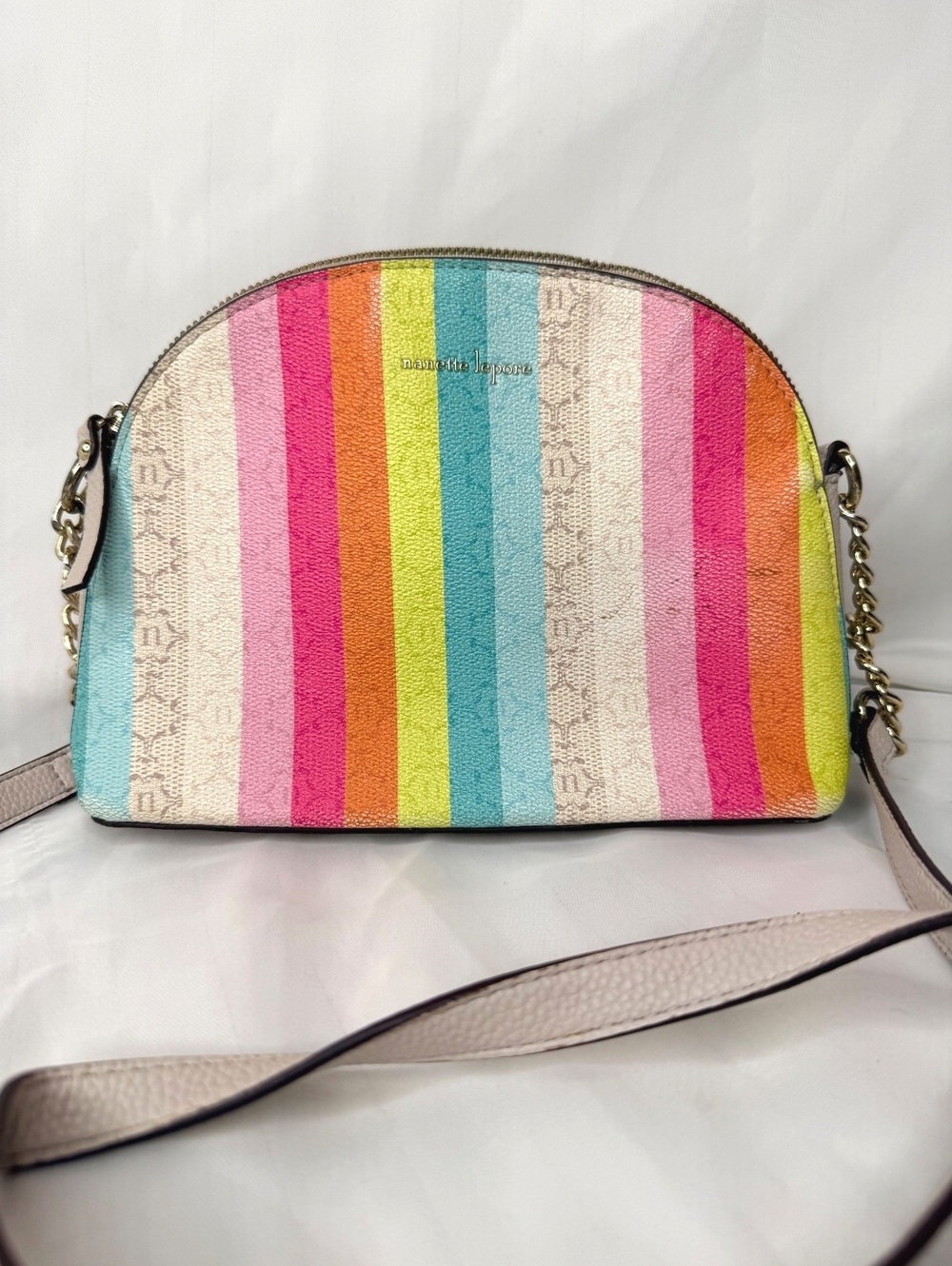Nanette Lepore Pastel Rainbow Stripe Crossbody Bag Gold Chain